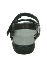Schwarze Leder-Sandalen mit mehreren Riemen-Designs, einer gepolsterten Innensohle und einer leicht erhöhten Gummisohle in Schwarz. Schlichtes, funktionales Design.
