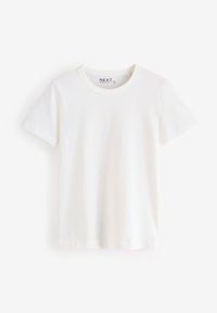T-shirt en coton blanc à manches courtes, col rond, et design uni. L'étiquette indique "NEXT" au niveau du col. Texture lisse.