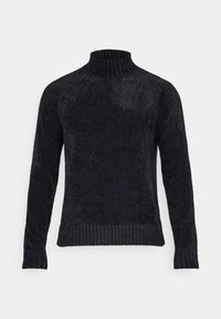 Dunkelgrauer Rollkragenpullover aus strukturiertem Stoff. Mit langen Ärmeln sowie gerippten Bündchen und Saum. Glatte Oberfläche mit dezentem Glanz.