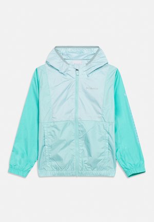 Light blue hooded windbreaker jacket with front zipper, elastic cuffs, and Columbia logo on chest and sleeve.