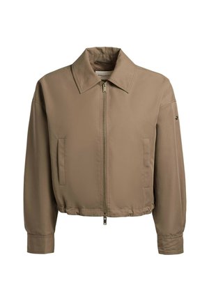 Light brown zip-up jacket with wide collar, long sleeves, two side pockets, and elastic waistband, displayed on a plain white background.
