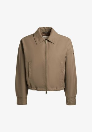 Light brown zip-up jacket with wide collar, long sleeves, two side pockets, and elastic waistband, displayed on a plain white background.