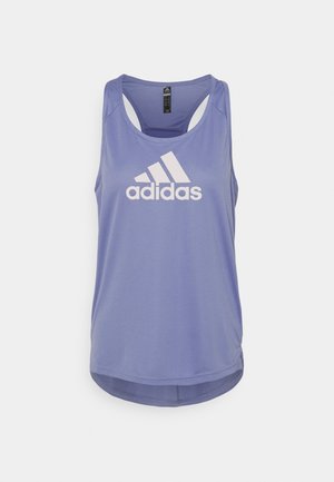 Lilla Adidas ærmeløs atletisk tanktop med racerback og hvid Adidas-logo placeret midt på brystet.