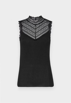 Schwarzes ärmelloses Oberteil mit hohem Spitzenkragen, gerippter Textur und aufwendigen Spitzenakzenten an den Schultern und am Ausschnitt.