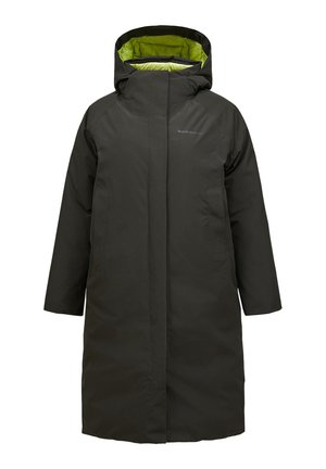 Long black parka jacket with a hood, featuring a bright green interior lining. Made from a smooth, water-resistant material, minimalistic design.