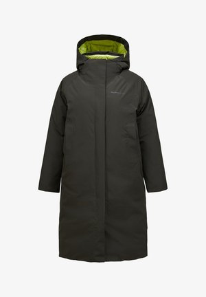 Parka nera lunga con cappuccio, dotata di una vivace fodera interna verde. Realizzata in un materiale liscio e resistente all'acqua, dal design minimalista.