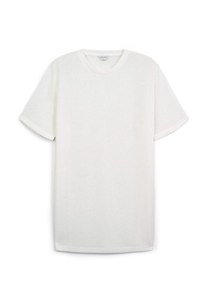 White short-sleeve t-shirt made from soft, textured fabric. Crew neck design, relaxed fit, features stitched hems.