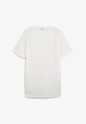 Weißes T-Shirt mit kurzen Ärmeln aus weichem, strukturiertem Stoff. Rundhalsausschnitt, lockere Passform, mit gesteppten Säumen.