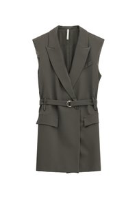 Blazer senza maniche grigio scuro con cintura, colletto a scubo, tasche a patta e chiusura a un bottone.