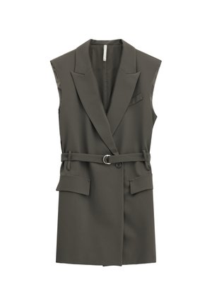 Blazer senza maniche grigio scuro con cintura, colletto a scubo, tasche a patta e chiusura a un bottone.