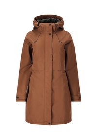 Bruine waterdichte parka met een capuchon, sluiting met rits aan de voorkant, trekkoorden en lange mouwen. Kenmerkt zich door een gladde textuur en een slanke uitstraling.