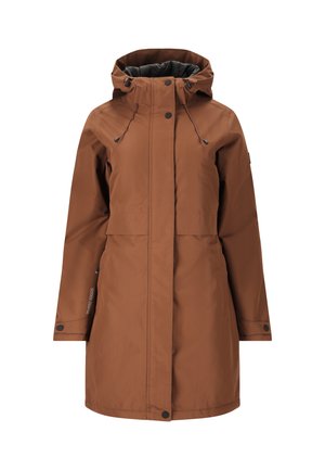 Brauner wasserdichter Parka mit Kapuze, Frontreißverschluss, Kordelzügen und langen Ärmeln. Verfügt über eine glatte Textur und ein elegantes Design.