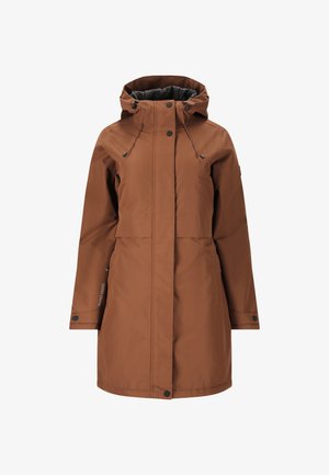 Brun vandtæt parka med hætte, frontlynlås, snoretræk og lange ærmer. Har en glat tekstur og et strømlinet design.