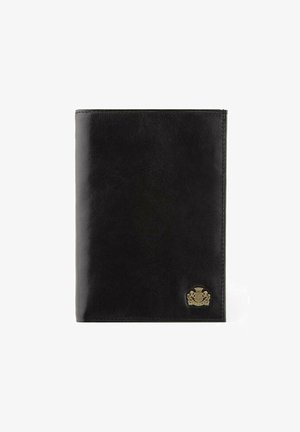 Black leather wallet with a smooth texture, vertical design, and a gold-tone emblem on the lower right corner.