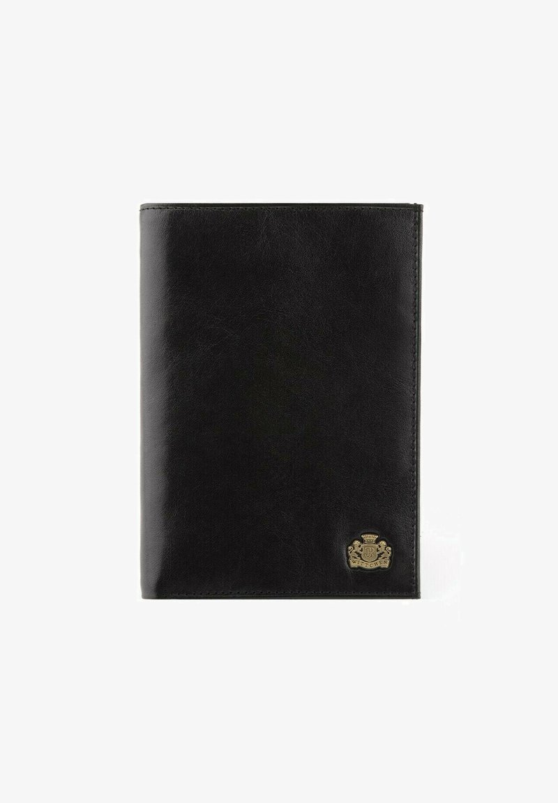 Schwarze Lederbörse mit glatter Oberfläche, vertikalem Design und einem emblemt in Goldton in der unteren rechten Ecke.