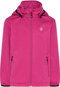 Giacca softshell rosa con colletto alto, zip frontale, due tasche laterali e logo sul petto. Presenta dettagli neri sui polsini.