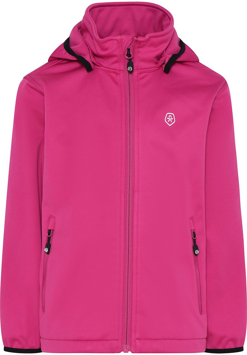 Giacca softshell rosa con colletto alto, zip frontale, due tasche laterali e logo sul petto. Presenta dettagli neri sui polsini.