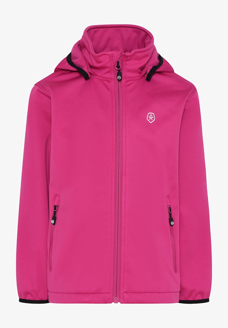 Veste softshell rose avec col montant, fermeture éclair à l'avant, deux poches latérales et un logo sur la poitrine. Présente des accents noirs au niveau des poignets.