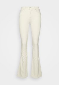 Kermansävyiset levenevät farkut, jotka on valmistettu denimistä, korkea vyötärö, viisi taskua ja kontrastiväriset tikkaus saumoissa.