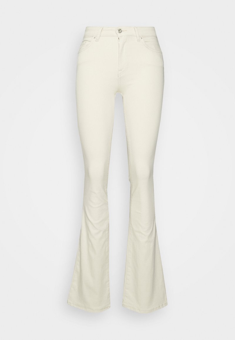 Krémové rozšířené džíny vyrobené z denimu, s vysokým pasem, designem pěti kapes a kontrastním stehem podél švů.