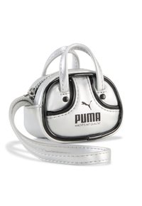 Mini borsa argentata realizzata in materiale lucido, con accenti neri, due manici superiori e logo Puma. Include una tracolla rimovibile.