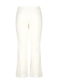 Pantalons en coton blancs avec une taille élastique et une coupe évasée, ornés de détails en œillets le long du tissu. Texture lisse dans l'ensemble.