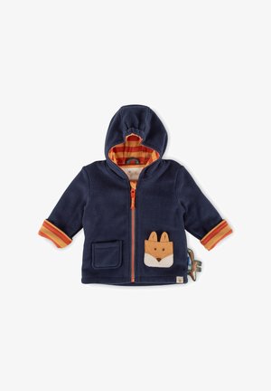 Marineblauen Fleece-Hoodie mit orangefarbenem Reißverschluss, gestreiftem Futter und Taschen-Detail in Form eines Fuchses. Verfügt über zwei Fronttaschen und elastische Bündchen.