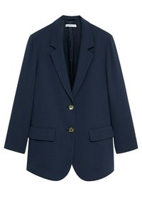 Blazer azul marino con cierre de un solo botón, solapas con muesca, dos bolsillos delanteros y mangas largas. Tela suave con un ajuste estructurado.