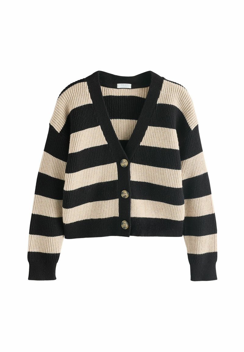 Gestreifter Cardigan in Schwarz und Beige, mit V-Ausschnitt, cropped Design, gerippter Textur und vier runden Knöpfen auf der Vorderseite.
