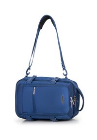 Modrý textilní sportovní batoh s nastavitelným ramenním popruhem, dvojitými bočními rukojetěmi, několika zipovými přihrádkami a strukturovaným povrchem.