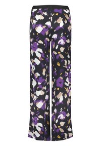 Pantalons fluides noirs avec un motif abstrait coloré en violet, blanc et beige. Dotés d'une taille élastique et d'une coupe évasée.