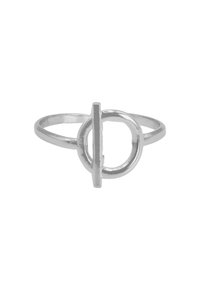 Zilverkleurige ring met een open cirkeldesign dat wordt doorkruist door een verticale staaf. Gladde, gepolijste afwerking met een minimalistische esthetiek.
