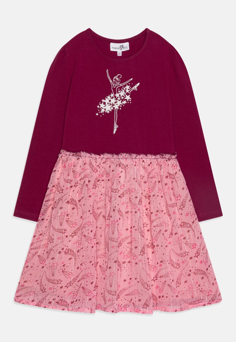 Ilgų rankovių suknelė su raudonai rudą viršumi ir rožinės spalvos tiulio sijonu, papuoštu žvaigždutėmis ir baleto batelių raštu, kuriame pavaizduota balerina.