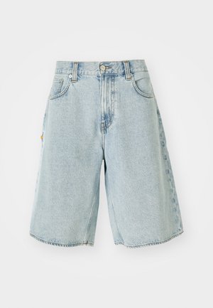 Heledad sinine denim-lühikesed püksid, mis on kõrge vöökohaga, viie taskuga ja tooriku äärega. Valmistatud vastupidavast puuvillast denimist, millel on veidi lõdvem lõige.