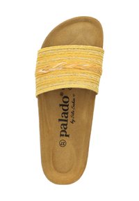 Infradito giallo con una fascia testurizzata decorata da una cucitura. Soletta morbida marrone con il marchio stampato in nero. Design piatto e aperto.