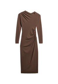 Brązkowa sukienka z długim rękawem, uszyta z miękkiego materiału; ma drapowane detale na jednym ramieniu i marszczony szew boczny, co dodaje tekstury.