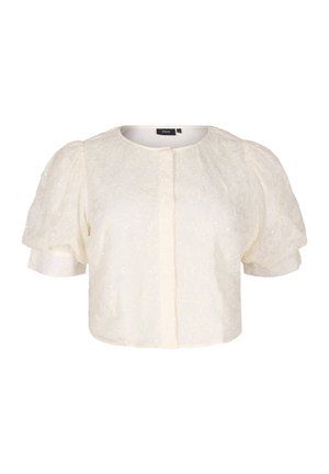 White cropped blouse with short, puffed sleeves, textured floral pattern, and a front button closure. Lightweight fabric with a soft finish.