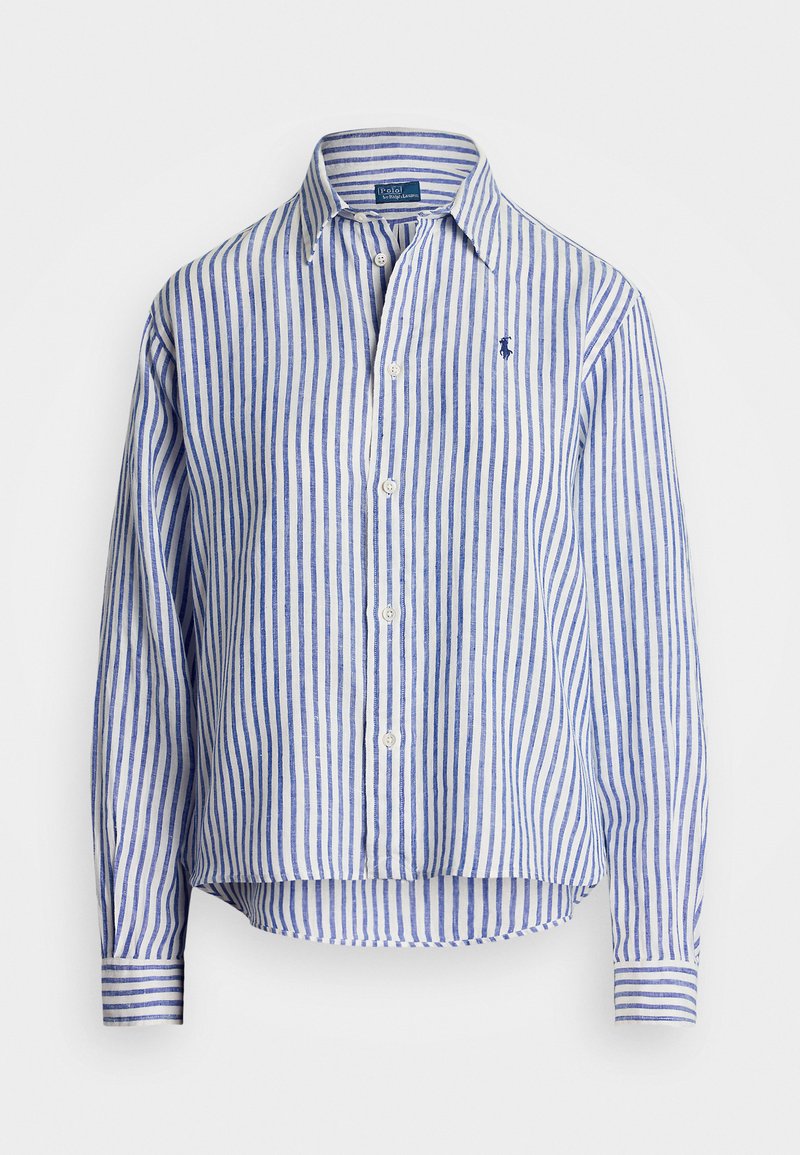 Niebieska i biała koszula w paski, wykonana z lekkiego materiału, z zapięciem na guziki, kołnierzykiem oraz długimi rękawami z guzicznymi mankietami.