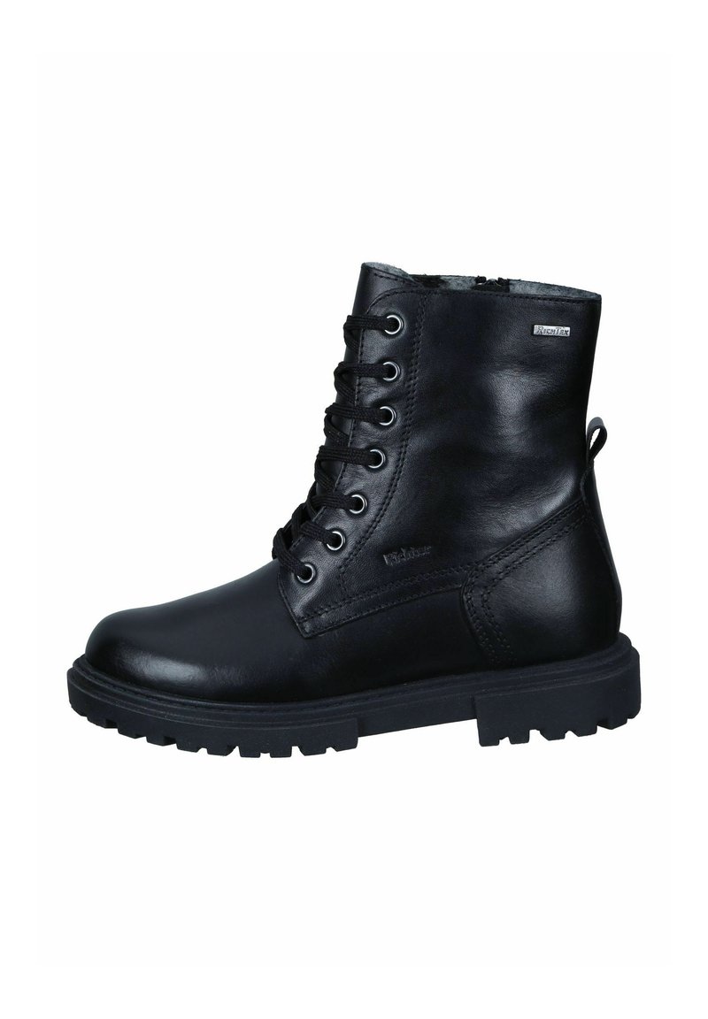 Schwarze Leder-Schnürstiefel im Combat-Stil mit dicker Gummisohle und Seitenreißverschluss, ausgestattet mit einer Zuglasche und weichem Innenfutter.