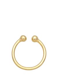 Guldfarvet metalring med en cirkulær form, der har to sfæriske ender. Glat tekstur med en poleret finish, minimalistisk design.