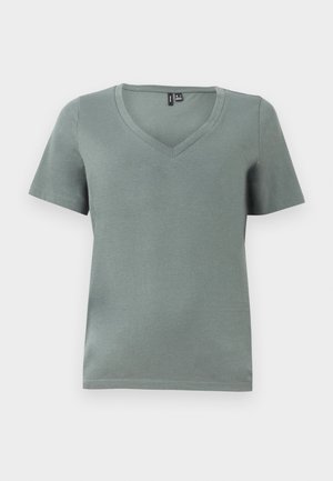 Short-sleeve muted green V-neck T-shirt with a simple, fitted cut displayed on a plain white background.