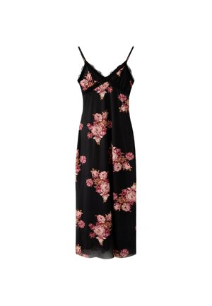 Stradivarius, PRINTED TULLE MIDI DRESS WITH LACE TRIM - Robe longue - black