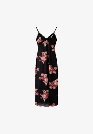 Stradivarius, PRINTED TULLE MIDI DRESS WITH LACE TRIM - Robe longue - black