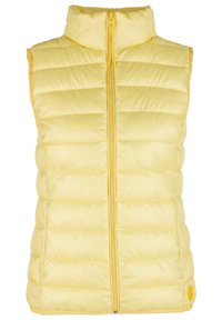 Žlutá péřová vesta s vysokým límcem a předním zipem, s prošívaným vzorem a kulatým žlutým akcentem na boku.