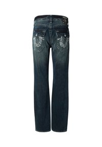 Tmavě modré džíny z denimu s přímým střihem, zdobené vyšívanými zadními kapsami a značkovou nášivkou na pásku.