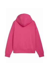 Sudadera rosa brillante con capucha, con un corte holgado y mangas largas, mostrada desde la parte posterior sobre un fondo blanco liso.