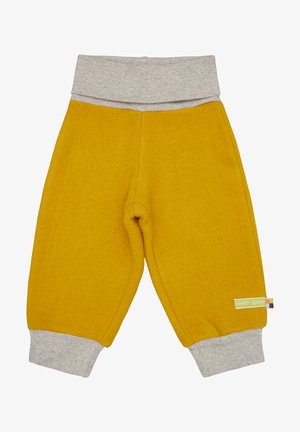 Geel fleece broek met een grijze tailleband en boorden. Zachte textuur, ruime pasvorm, voorzien van een zijlabel met de merknaam.