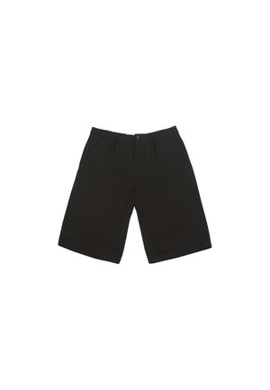 Black shorts made of a smooth fabric, featuring a button closure, two front pockets, and a relaxed fit with a knee-length cut.
