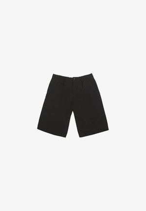 Black shorts made of a smooth fabric, featuring a button closure, two front pockets, and a relaxed fit with a knee-length cut.