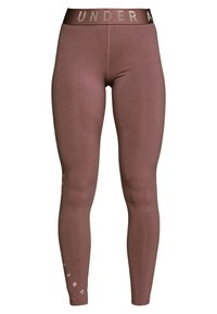 Legginsy sportowe w kolorze pudrowego różu, wykonane z elastycznej tkaniny, z szerokim pasem z napisem "UNDER" oraz subtelnym logo wzdłuż nogawki.